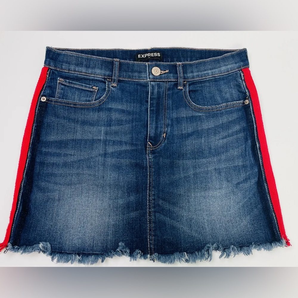 Express faded denim mini skirt with red stripe